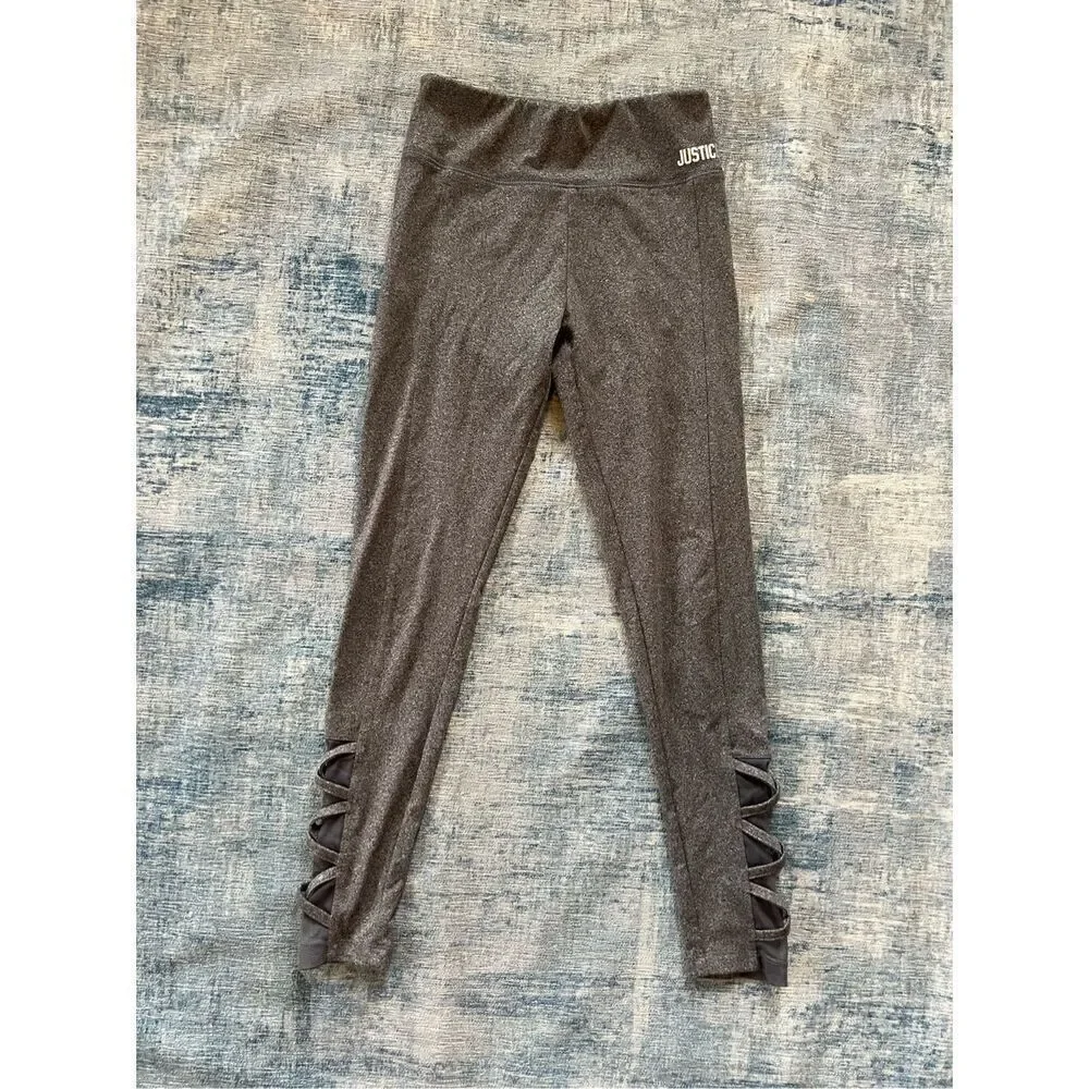 Justice Active Heathered Gray Cross Strap Mesh Panel Leggings Girls 12